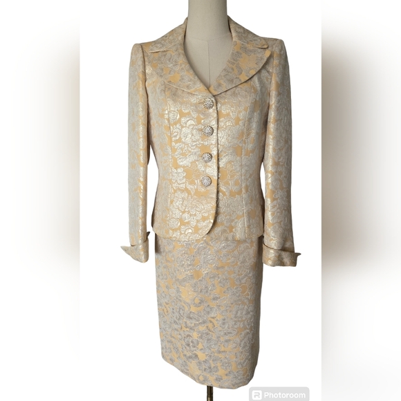 Kasper Yellow & Gold Metallic Skirt Suit - Picture 1 of 14